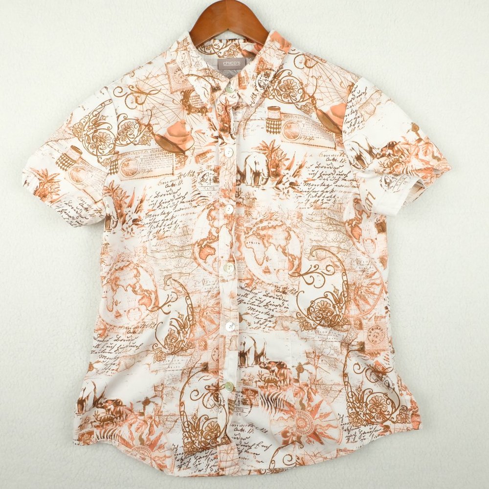 Chicos Womens Button Up Shirt 0 White Red Short Sleeve Travel All Over Print